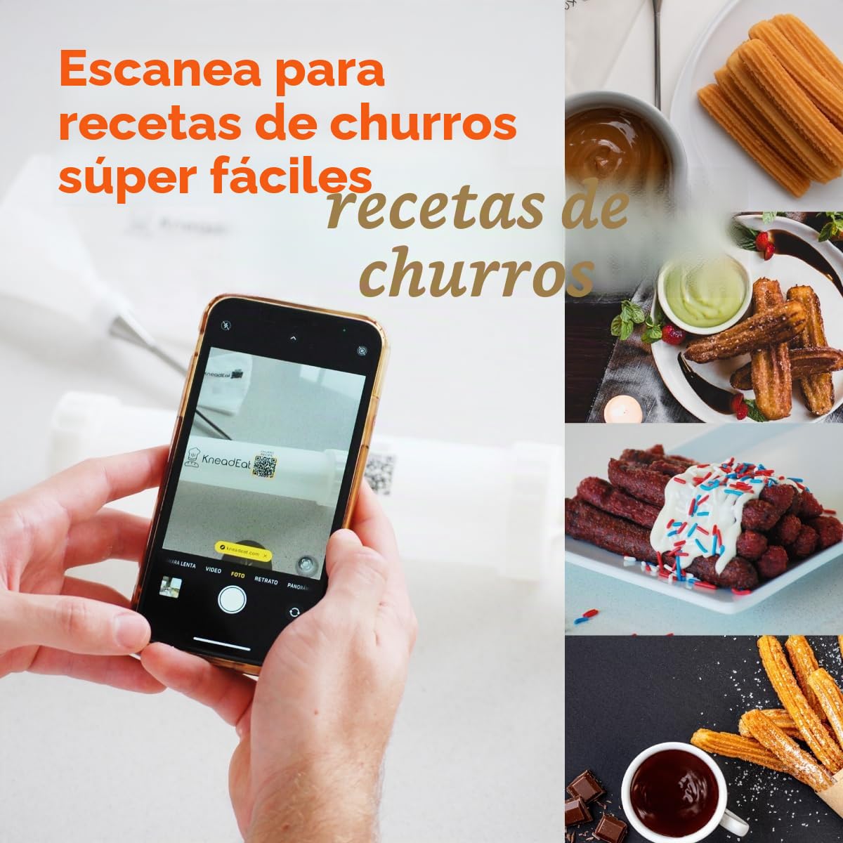 KneadEat Churro Maker - Kit de Churreera con mango impulsado por refuerzo - Bolsa de tuberías con aguja de relleno y receta QR para churros rellenos en casa y proyectos de horneado con niños - 3