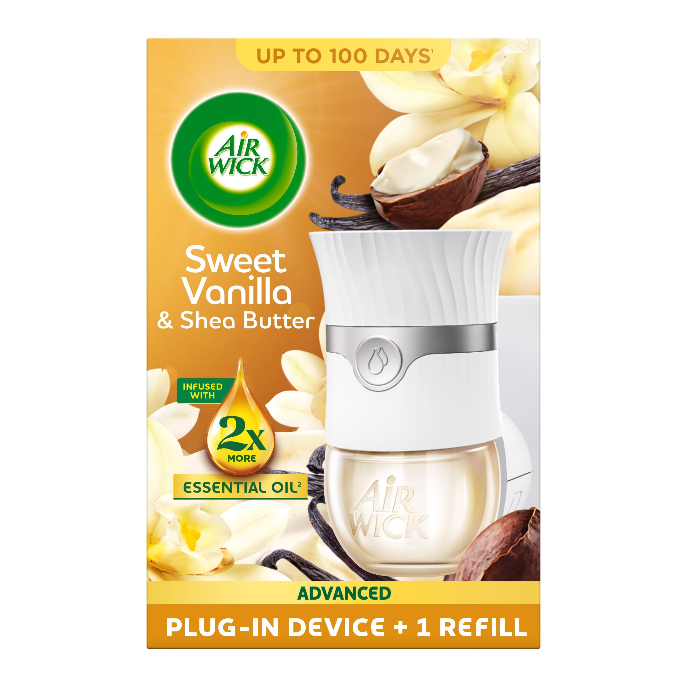 – Air Wick Sweet Vanilla & Shea Butter Advanced Electrical Plug-in Kit 19ml, Lasts for up to 100 Days, Air Freshener