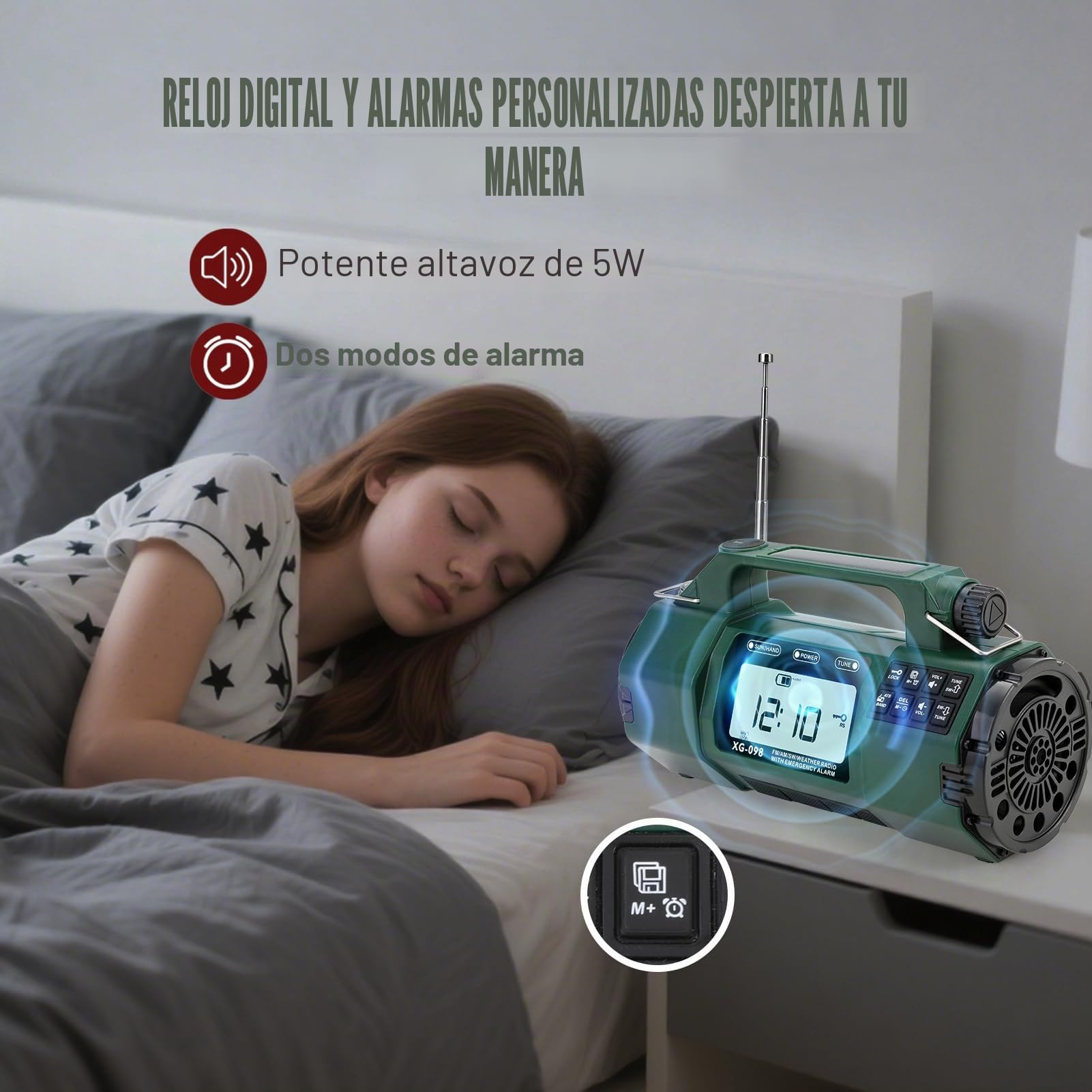 Radio meteorológica de emergencia, batería reemplazable 5000mAh, radio solar de manivela con alerta AM/FM/SW/NOAA, reloj despertador, temporizador, brújula, cargador de teléfono móvil, conector para