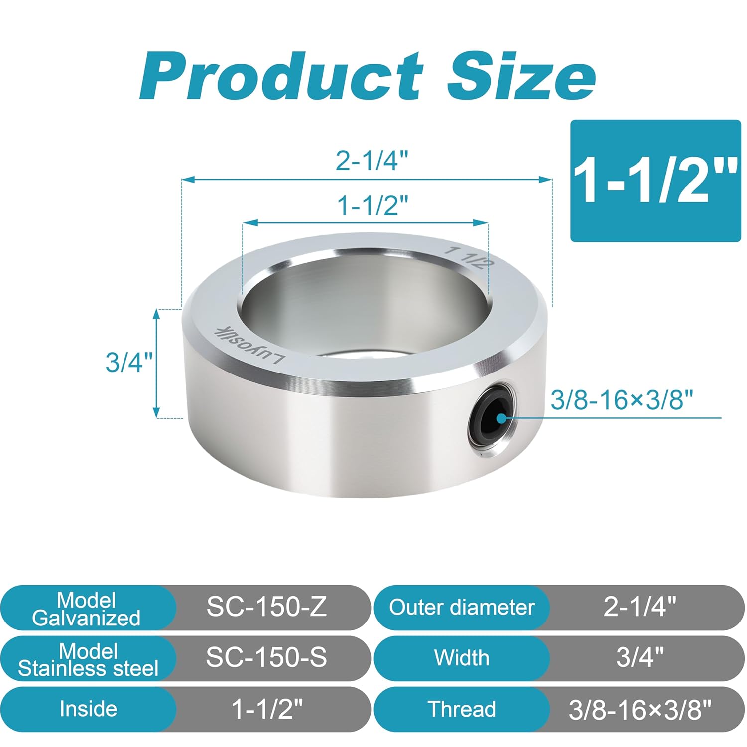 8pcs 1-1/2" bore Shaft Collar,1-1/2" bore Solid Steel Style zinc Plated Set Screw Shaft Collars,2-1/4" OD, 3/4" Width, for Wheel Barrow Axle, Gearbox Assemblies, Machine Tools, Industry