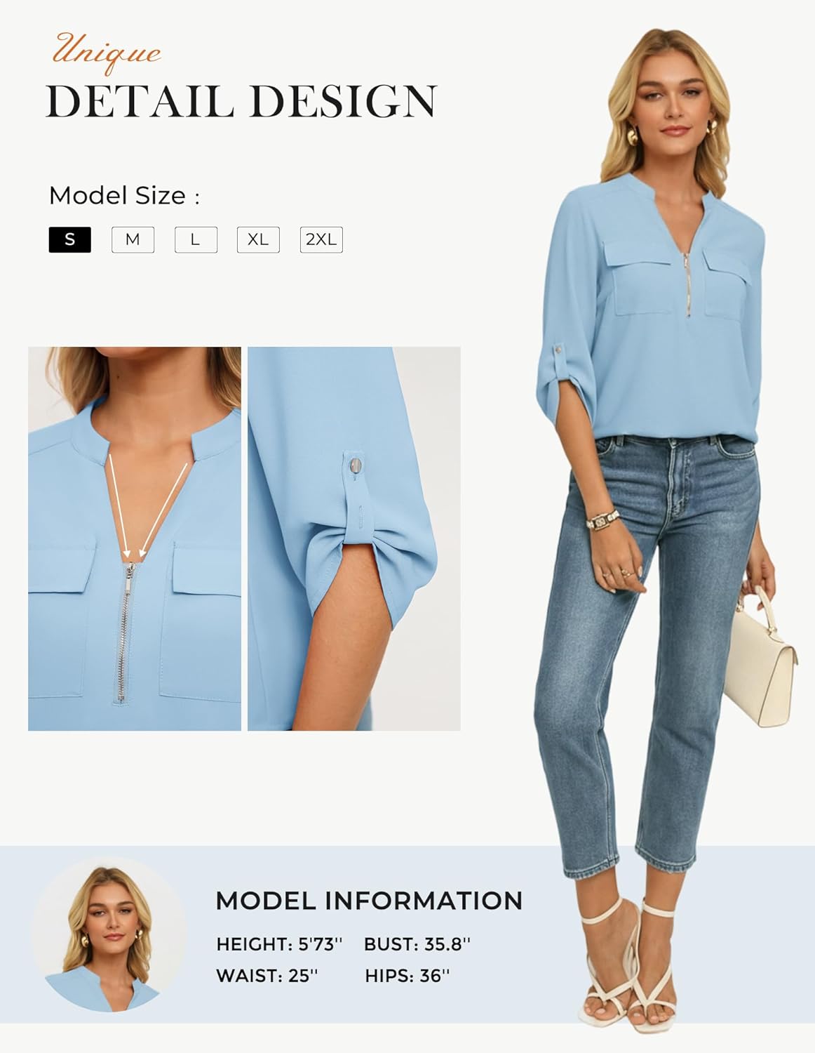 Womens Business Casual Tops,3/4 Sleeve Henley Shirts with Zip Up,Office Work Blouses Lightweight Summer - Image 4