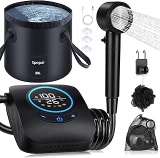 Spopal Portable Shower for Camping, [Upgraded] 8000mAh Rechargeable Camping Shower with 5 Adjustable Speeds, 4 Spray Modes with Collapsible Bucket with Handle 20L for Hiking, Travel, Car, Pet