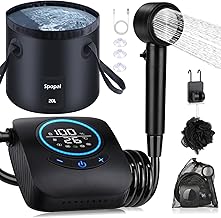 Spopal Portable Camping Shower, [Temperature Display] 8000mAh Rechargeable Camper Shower with 20L Folding Bucket, 5 Speed Mode, Electric Shower for Camping, Hiking, Dog Showers