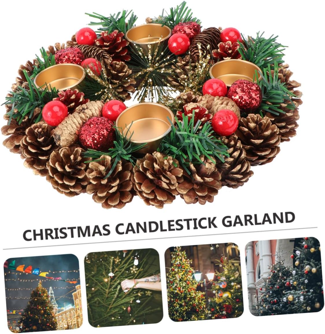 Christmas Candleholder and Handmade Decorative Garland, 27cm Creative Wreath Desktop Decor for Holiday Home Ornament