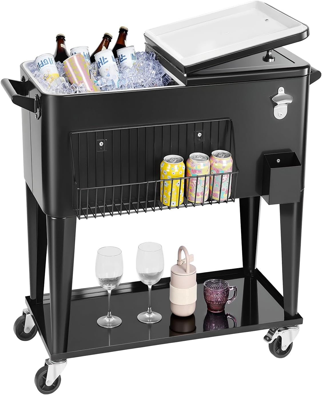 VEVOR 80 Quart Rolling Ice Chest, Holds up to 50 Bottles / 110 Cans, Portable Patio Party Bar Drink Cooler Cart with Bottom Shelf, Beverage Pool with Side Basket and Bottle Opener, Black