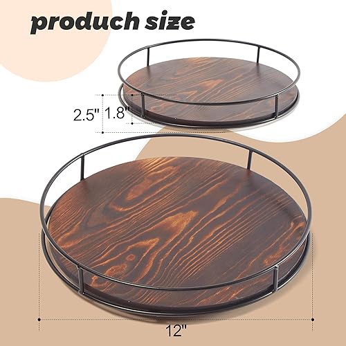 Miniatura 3 de Plato giratorio Lazy Susan de madera de 12 pulgadas para mesa, organizador de mesa giratoria marrón rústico con marco de acero, 360 grados