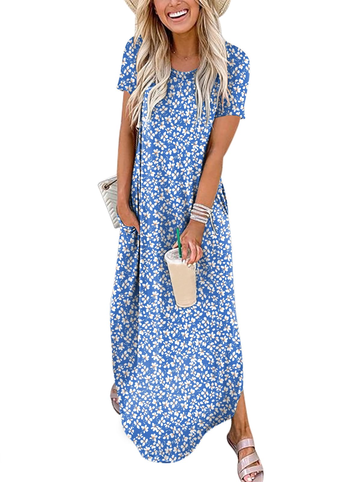 Womens Summer Maxi Dress Short Sleeve Casual Loose Long T Shirt Dresses Split Vacation Beach Sundress Travel Outfits