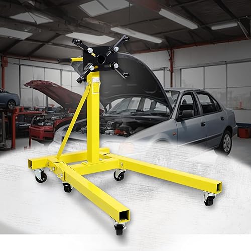 Engine Stand, 2000 LBS (1 Ton) Capacity Heavy Duty Engine Motor Stand with 360 Degree Rotating Head and Folding Frame, Steel Engine Lift Holder Stand with 6 Wheels and 4 Adjustable Arms, Yellow