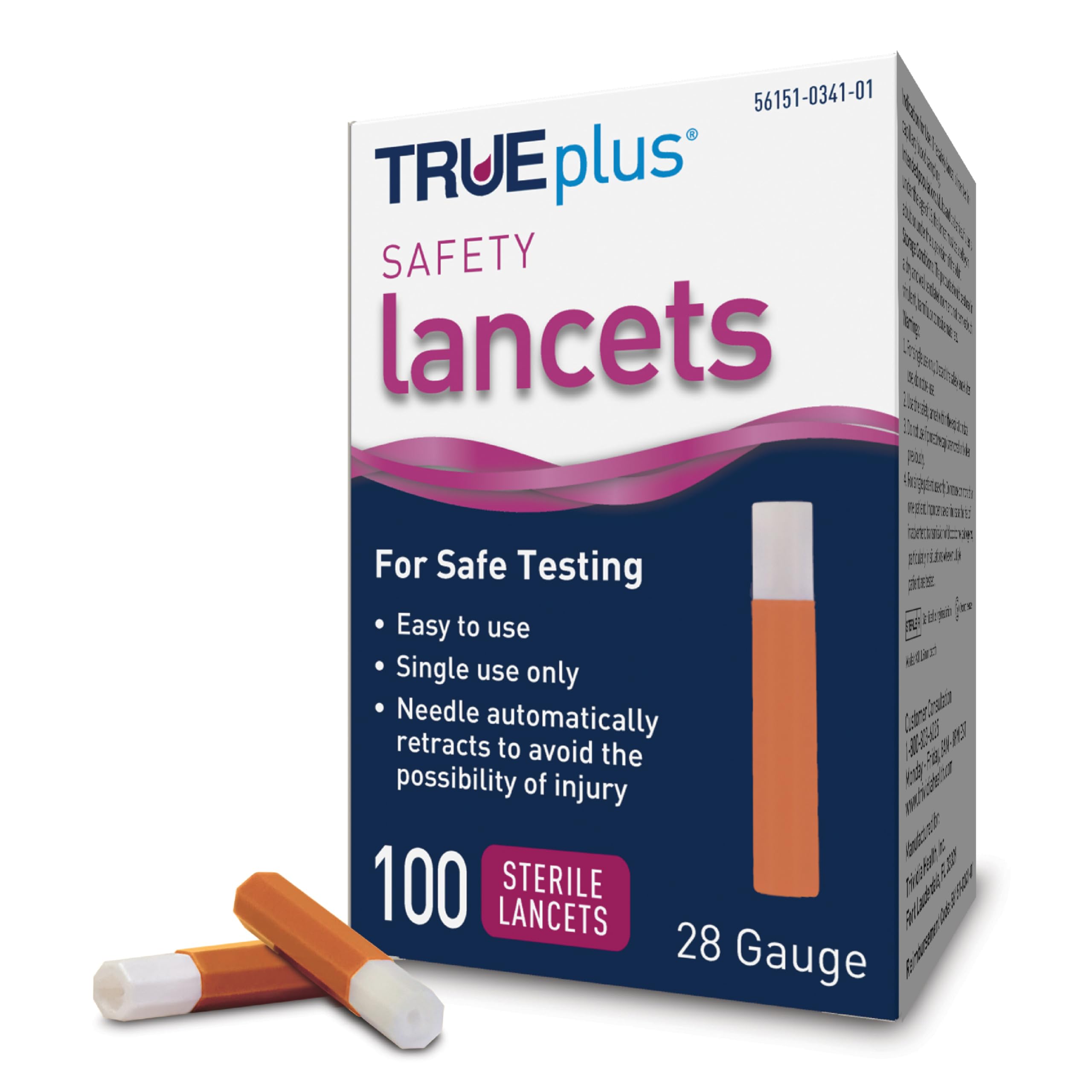 TRUEplus Single-Use Safety Lancets, Sterile Blood Lancets, 28g, 4 cm, 100 Count