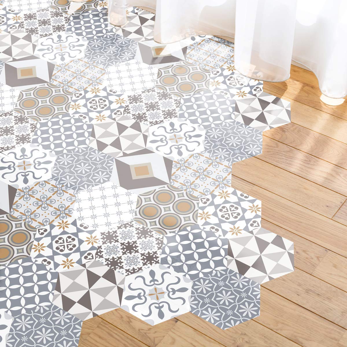 Ambiance Adesivo pavimento piastrelle di cemento azulejos con laminato di protezione in plastica, piastrelle esagonali, resistente all'acqua, 40 x 90 cm
