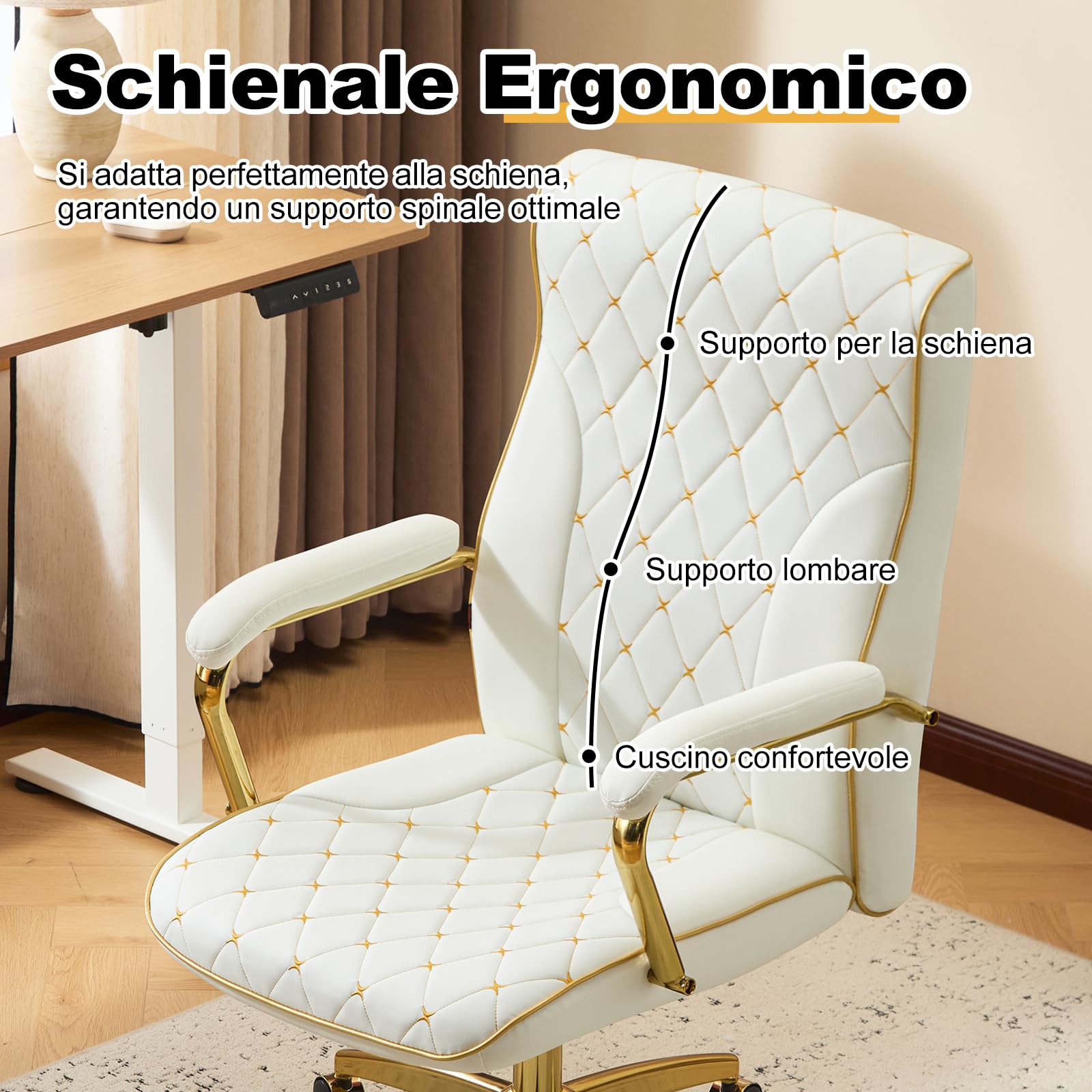 Sedia Ufficio Ergonomica, Poltrona Direzionale in Pelle PU, Sedia da Ufficio con Seduta Ampia, Sedie Scrivania Reclinabile Girevoli Altezza Regolabile 136kg, Bianco