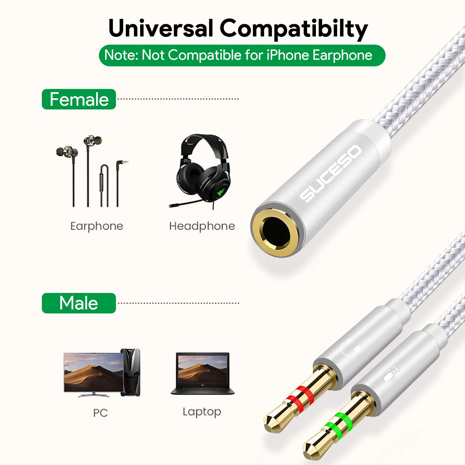 Cavo Sdoppiatore Audio E Microfono SUCESO - Adattatore Jack 3,5mm Da 35 Cm Per PC, Laptop, PS4, Xbox - Foto 14