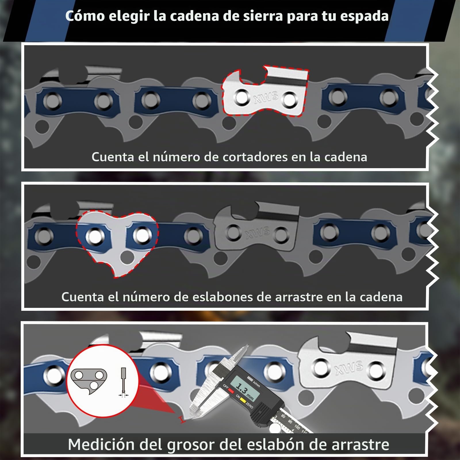 3 Cadena de Motosierra 12 Pulgadas (30cm) con Caja de Plástico, Motosierra Sierra Cadena 3/8" LP, 44 Eslabones, 1.3mm (0.050"), Cadena Motosierra de Repuesto para Espadas de 30cm