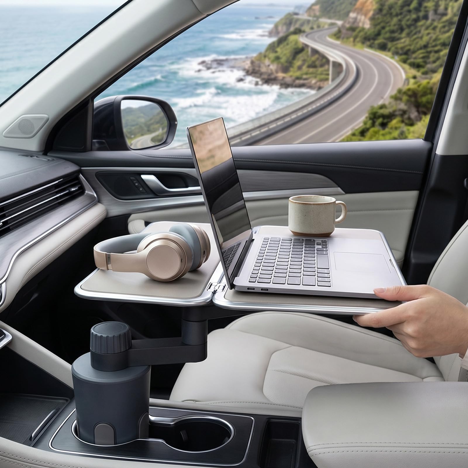 Ausla Auto-Getränkehalter-Tablett, Faltbar, Auto-Essenstablett mit Getränkehalter, 360° Drehbarer -Schreibtisch und Telefonständer für Optimalen Komfort