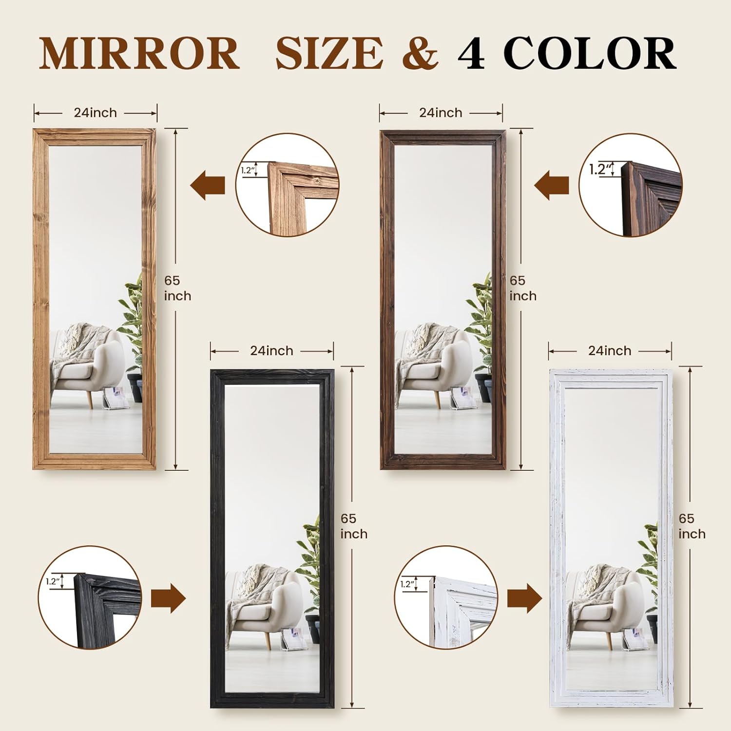 Full Length Mirror 65"x24" Solid Wood Frame Floor Large Mirror for Living Room, Bedroom Hanging or Leaning Wall-Mounted, Light Brown Light Brown 65"L x 24"W