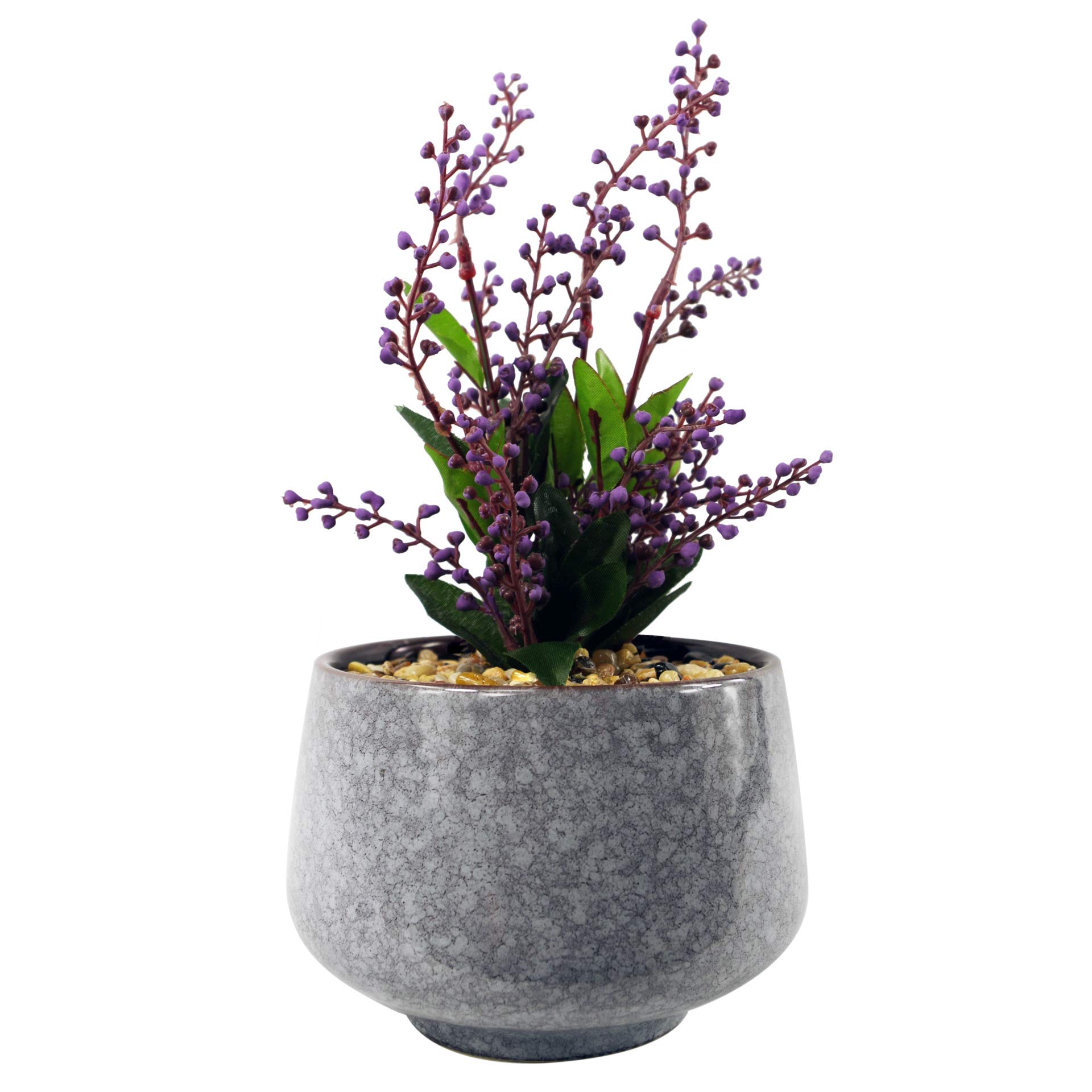 Leaf Ceramic Tall Blue Planter with Artificial Office Desk Plant, Purple Vitex Negundo, 28cm