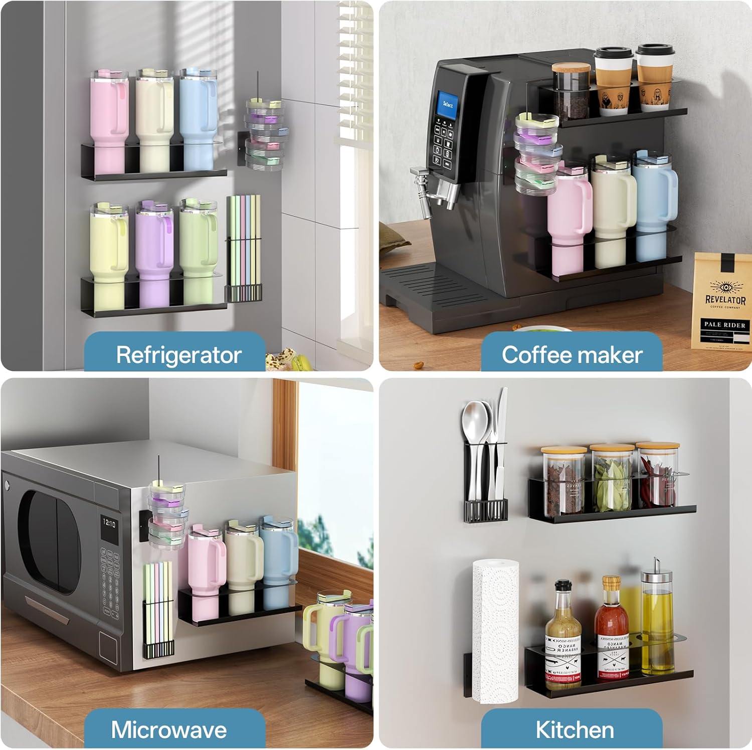 Magnetic Stanley Cup Holder For Fridge, 4 Pack Water Bottle Organizer for 20 30 40 oz Stanley Tumbler, with Straw & Lid Holder, Stanley Cup Accessories for Kitchen, Spice Jars (Black) - Image 7