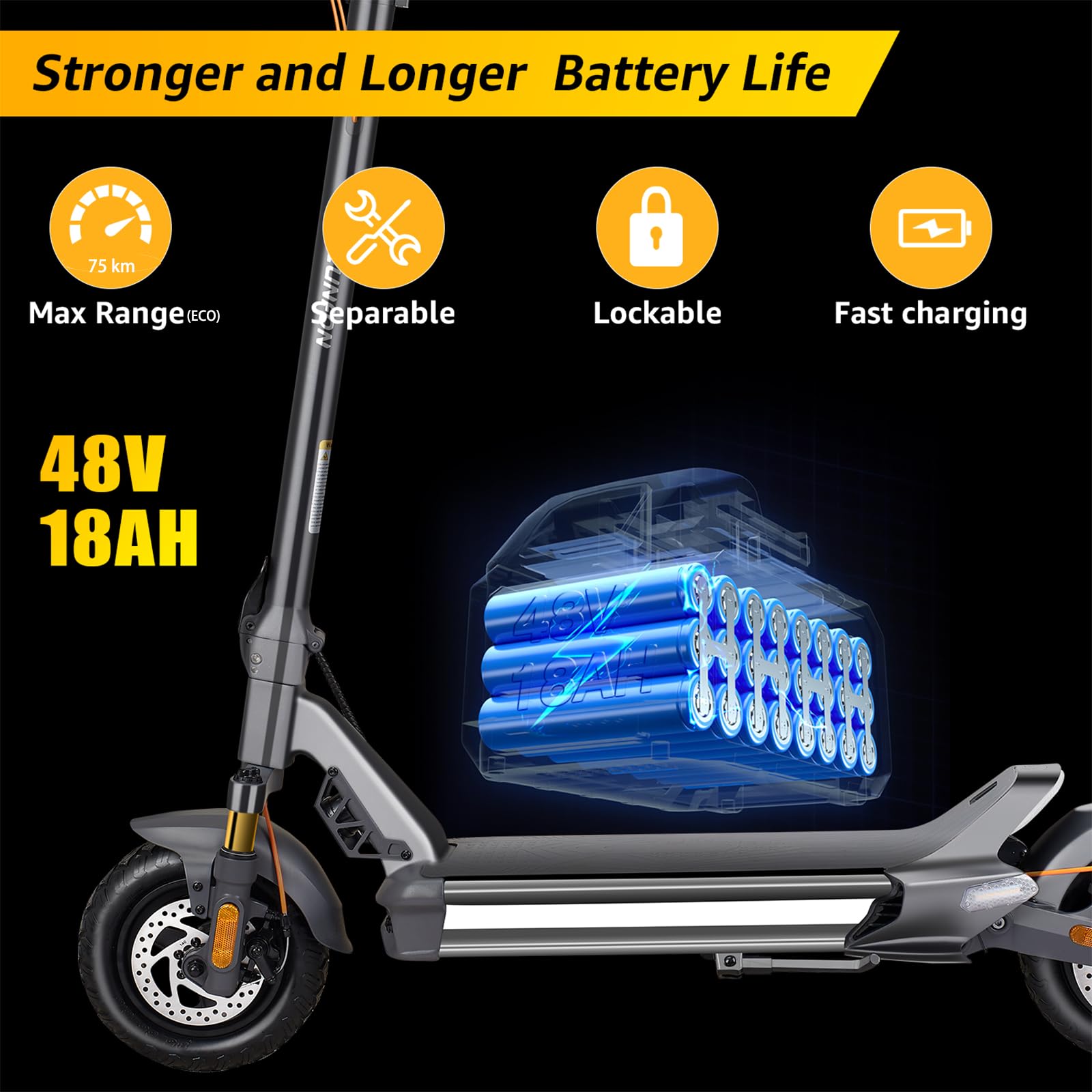 Trottinette Électrique Adulte CUNFON RS500/RZ800/RZ1000, Anti-vol Empreinte, Pneus 9,5/10/10,5 Pouces, Batt 36/48V 10.4/13/18/24Ah, Freins Disque+Électronique, Autonomie 25-80km, Charge Max 120-190kg