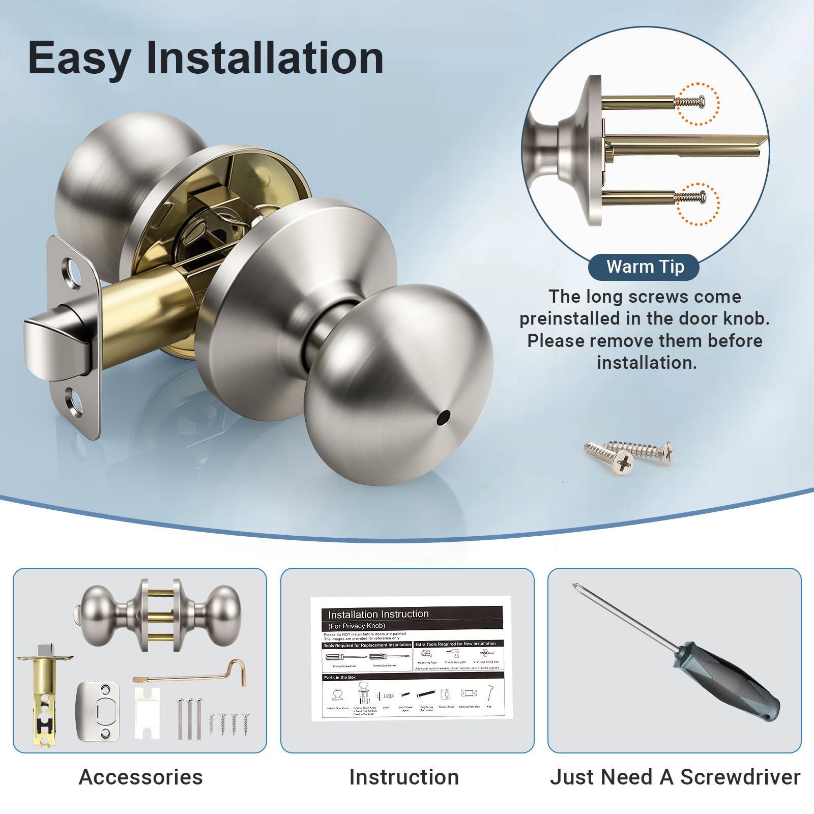 Brushed Nickel Door Knobs - Keyless Privacy -7