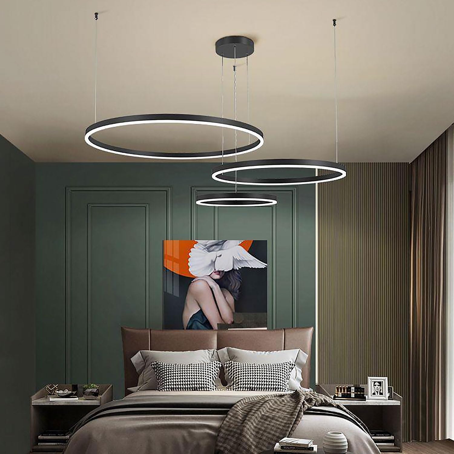 Lampy Wiszace Nowoczesna Restauracja LED Zyrandole Pierścień Ze Zdalnym Sterowaniem Ściemnialne Oświetlenie Sypialni Regulowana Wysokość Dla Salonu Kuchnia Lampy Sufitowe (Color : Black 20+40+60cm)