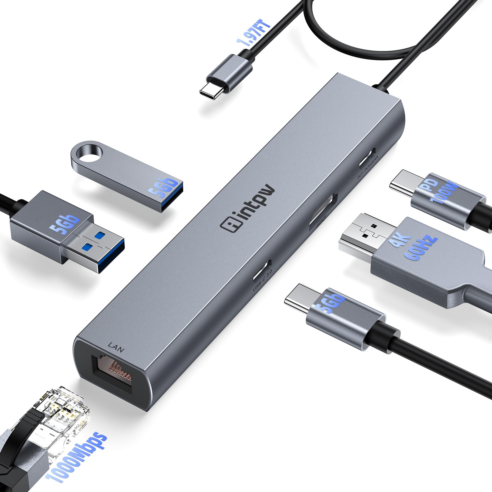 USB C to USB A Hub Splitter 6 Ports 4K HDMI Ethernet PD100W Thunderbolt to USB C Hub