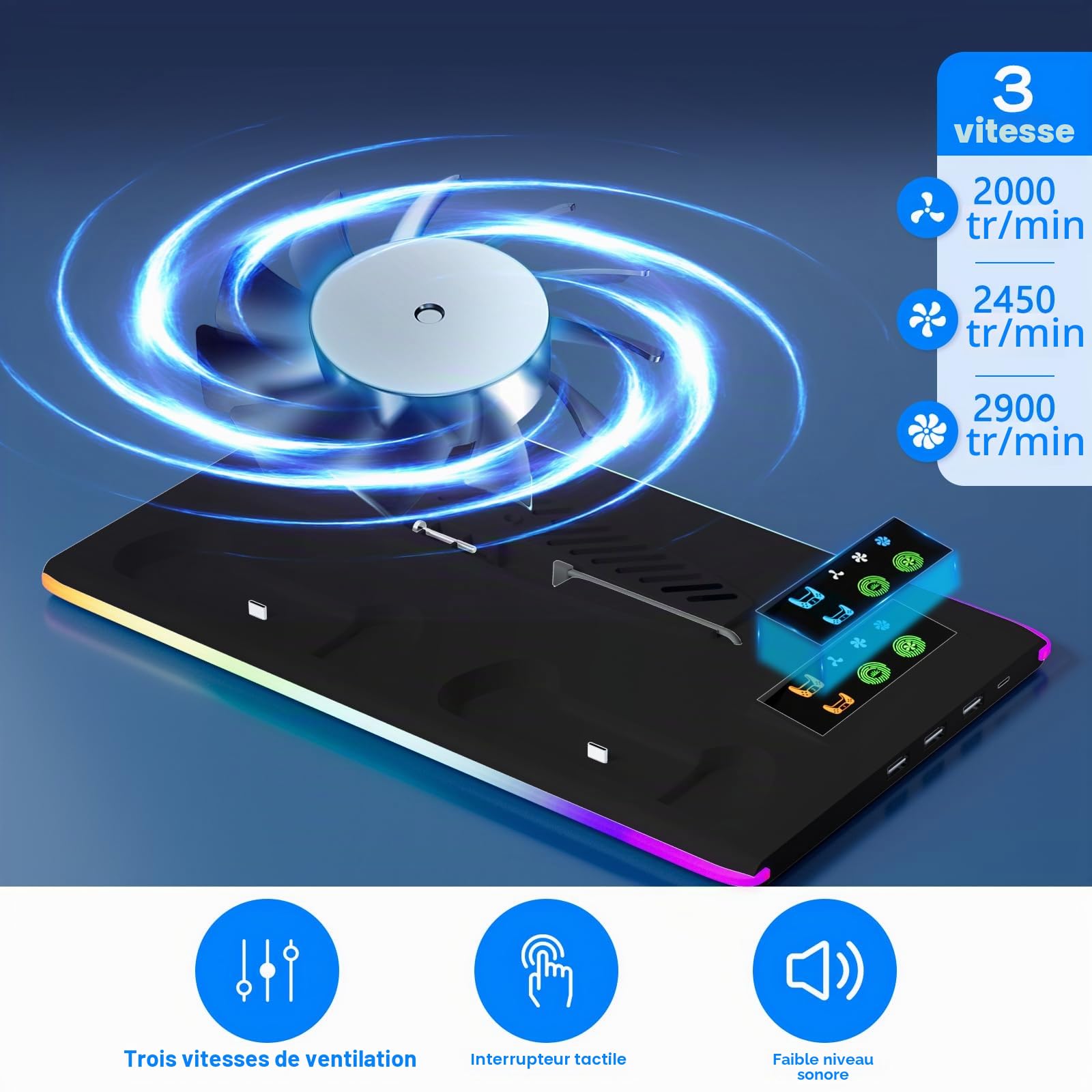 Support PS5 pour PS5/Slim avec Ventilateur de Refroidissement à 3 Vitesses, 3 Ports USB Chargeur Manette avec Lndicateur RVB, Refroidisseur pour Playstation5 Digital/Disc Edition(Noir)