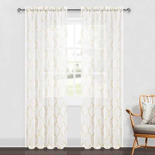 DWCN Cortinas traslúcidas blancas con diseño marroquí bordado, cortinas de lino sintético para dormitorio y sala de estar, juego de 2 tratamientos