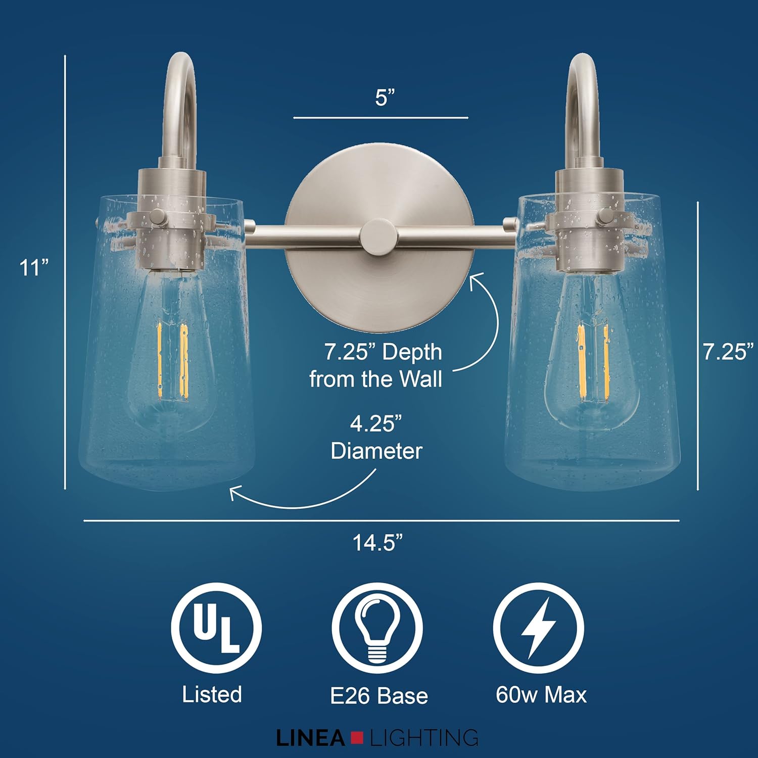 Linea di Liara Avezzana 2 Light Bathroom Vanity Light Brushed Nickel Bathroom Light Fixtures with Clear Glass Shade Modern Vanity Lights for Bathroom Above Mirror, UL Listed