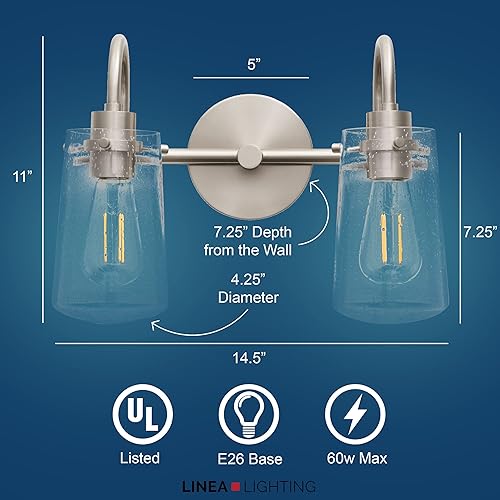 Miniatura 2 de Linea di Liara Avezzana - Lámpara de tocador de baño de 2 luces de níquel cepillado con pantalla de vidrio transparente, modernas luces de tocador