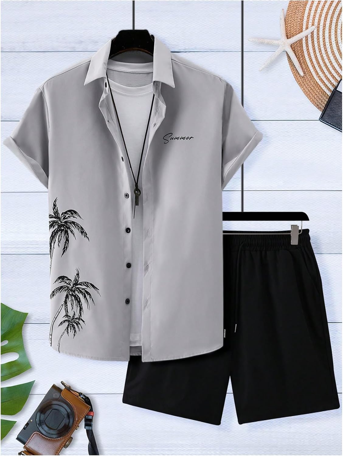 WDIRARA Men's Hawaiian Matching Set Summer Beach 2 Piece Outfits Tropical print Shirts and Shorts