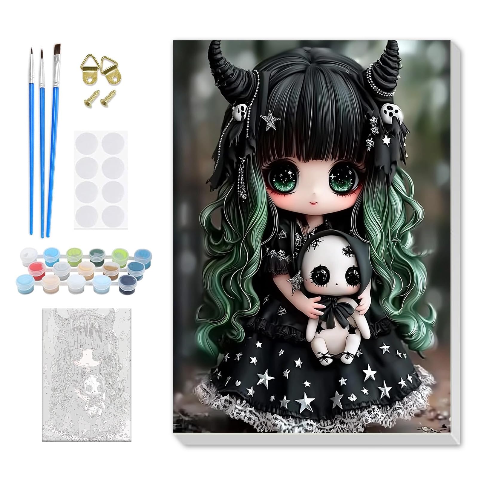 DOMROM Gothic Paint by Numbers for Adults Beginners Framed, Scary Doll Adults' Paint-by-Number Kits, Adult Paint by Number Kits on Canvas, Acrylic Number Painting for Home Decor, 8x12in