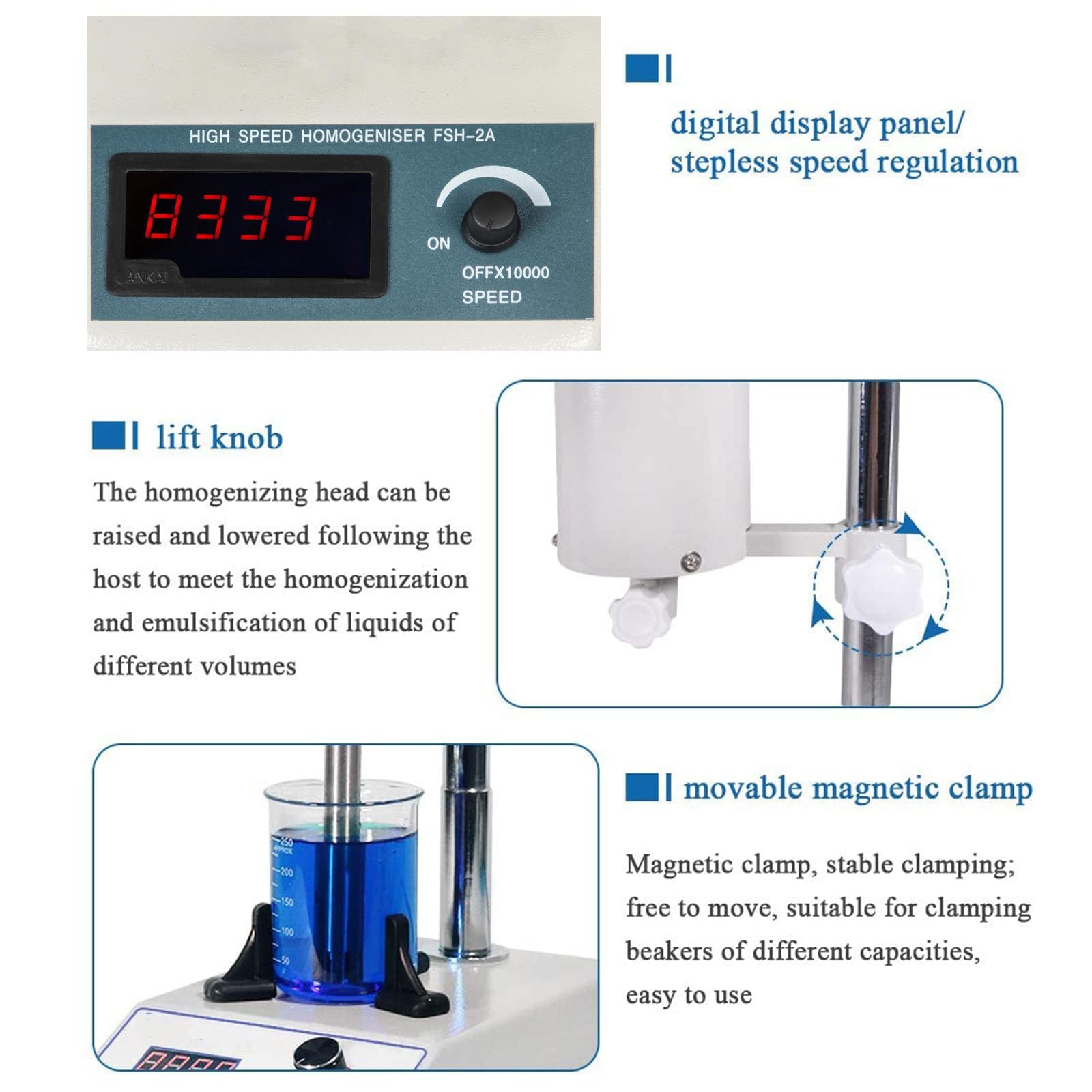 Dispersore da laboratorio ad alta velocità con RPM regolabile e teste multiple per miscelare ed emulsionare campioni efficienti, ideale per applicazioni di ricerca e test