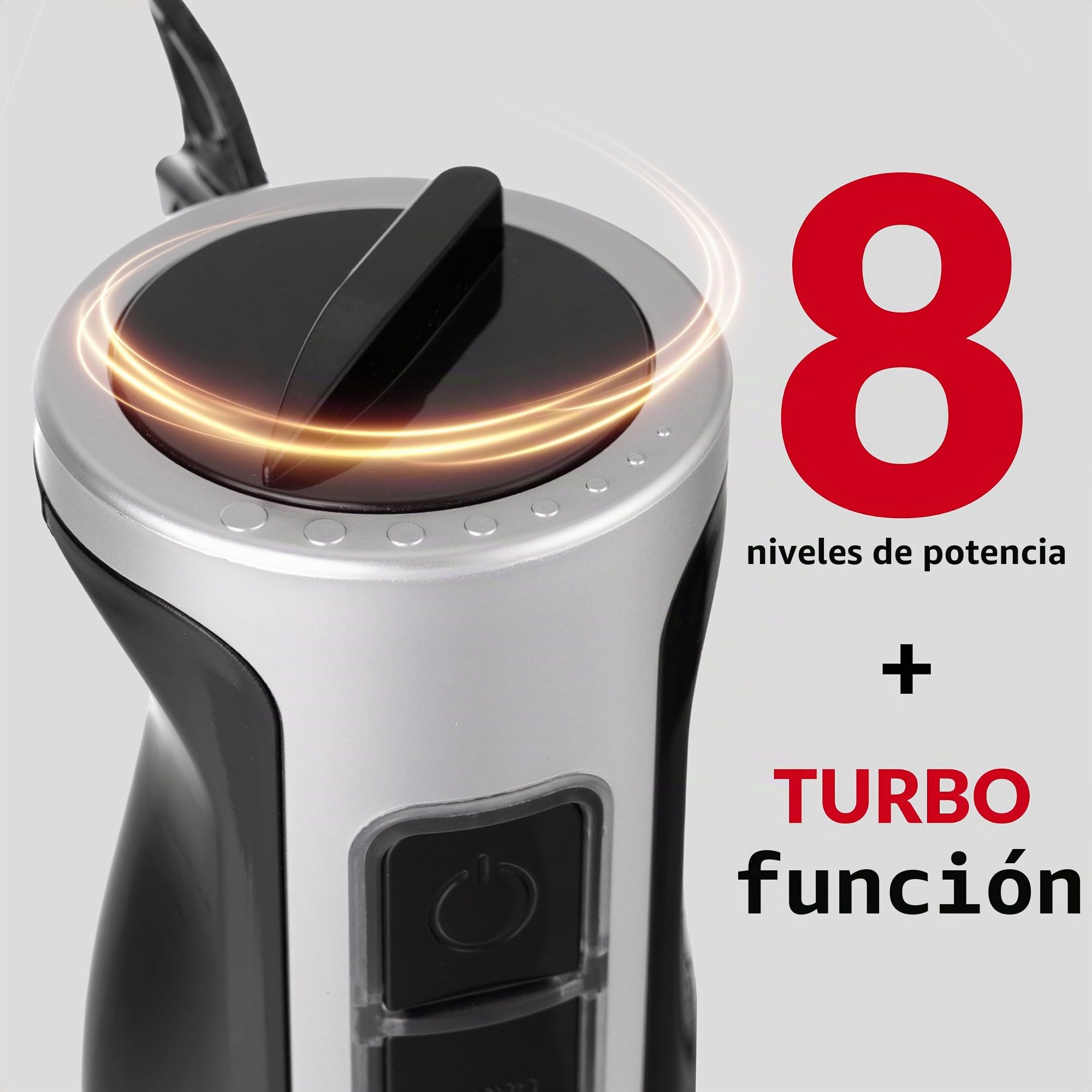 LEHMANN Batidora de mano multifunción 5 en 1, Potencia 1200W, Acero inoxidable, 8 velocidades ajustables + función Turbo, 6 Accesorios incluidos, Picadora 500 ml & Vaso medidor 860 ml, Libre de BPA