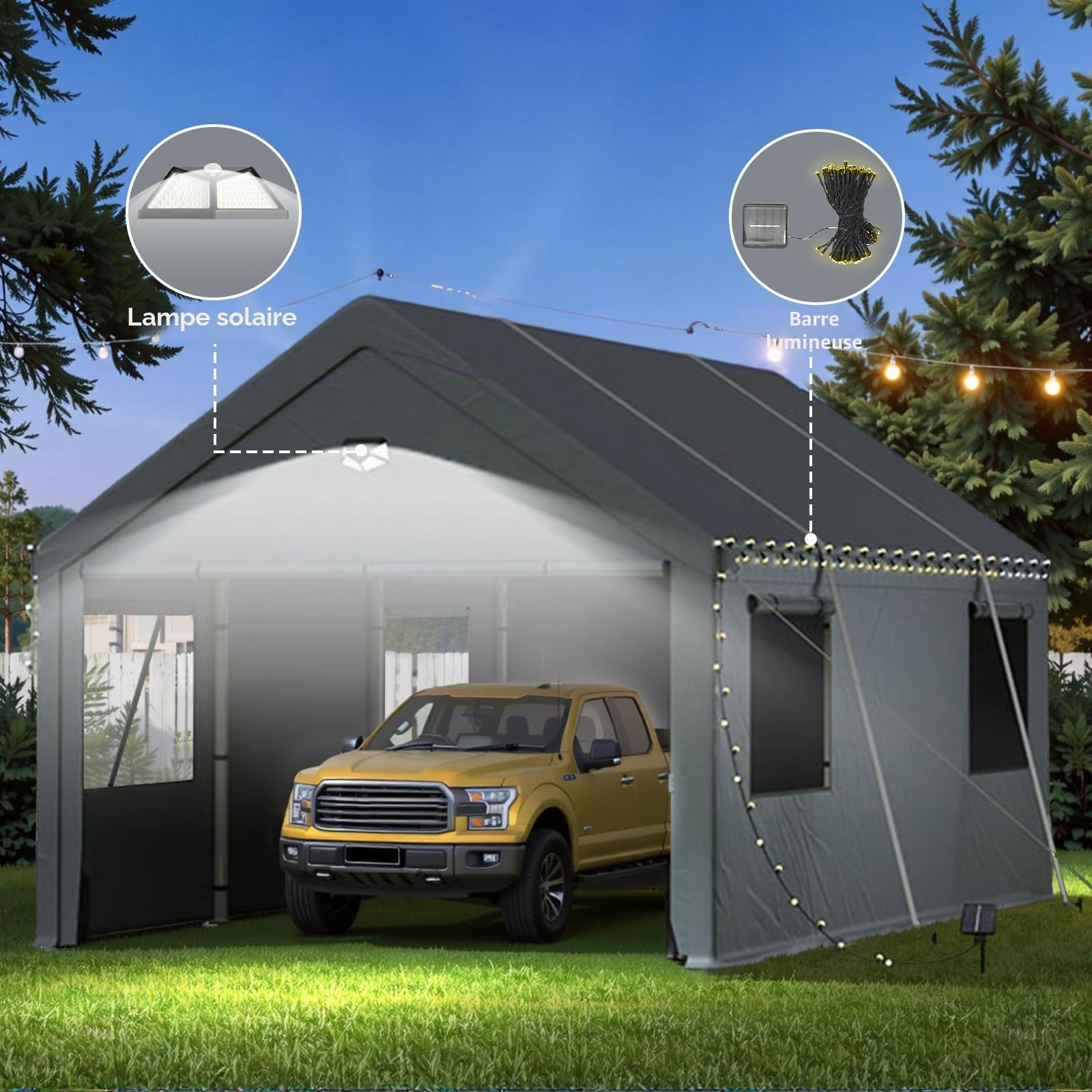 Carport Tente de garage extra large résistante à l'hiver 3,6 x 6 m avec fenêtre enroulable pour voiture, SUV, bateaux et camions – Parois latérales et toit amovibles
