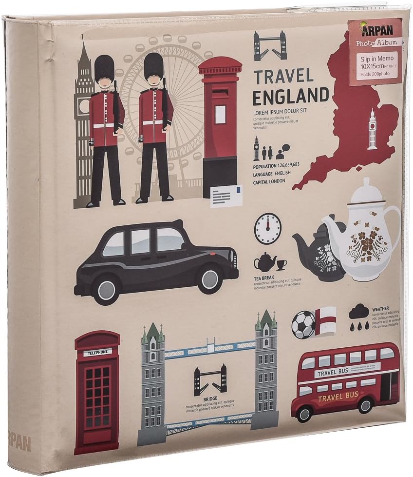 ARPAN 6x4'' Large Slip in Case Memo Photo Album for 200 Photos Vintage Travel Memories Album (London Icons Design)