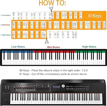 Removable Piano Keyboard Note Labels Piano Notes Guide Labels Silicone, Washable Piano Notes Overlay Strips, Reusable 88 Key Full Size Piano Keyboard Note Labels No Need Stickers(Rainbow Color)