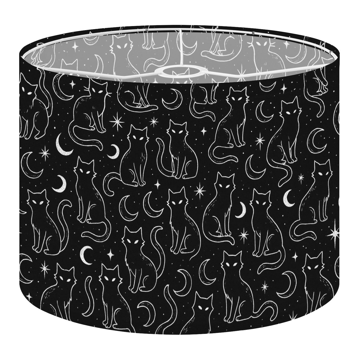 Fabric Drum Lamp Shade Repeating Ornament Magical Black Cats Stars Vintage Funky Medium Linen Decorative Lampshades 13inch Set of 1 for Table Lamps, Floor Lamps,Hanging Lamp