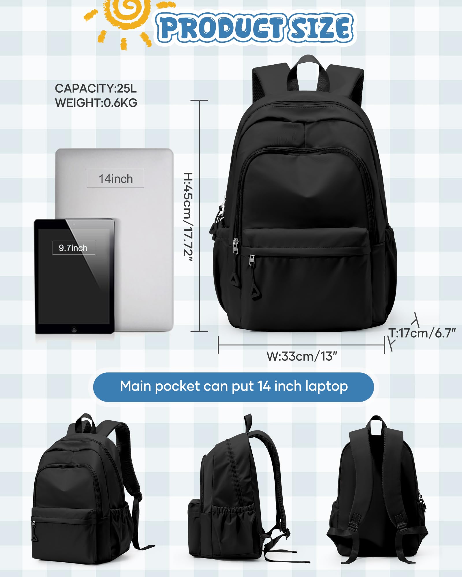 winspansy Mochila Escolar para Adolescentes Niñas y Niños, Mochila Ligera Impermeable para Escuela, Hombres y Mujeres, Estética, Mochila para Portátil, Mochilas Casual de Diario -Negro