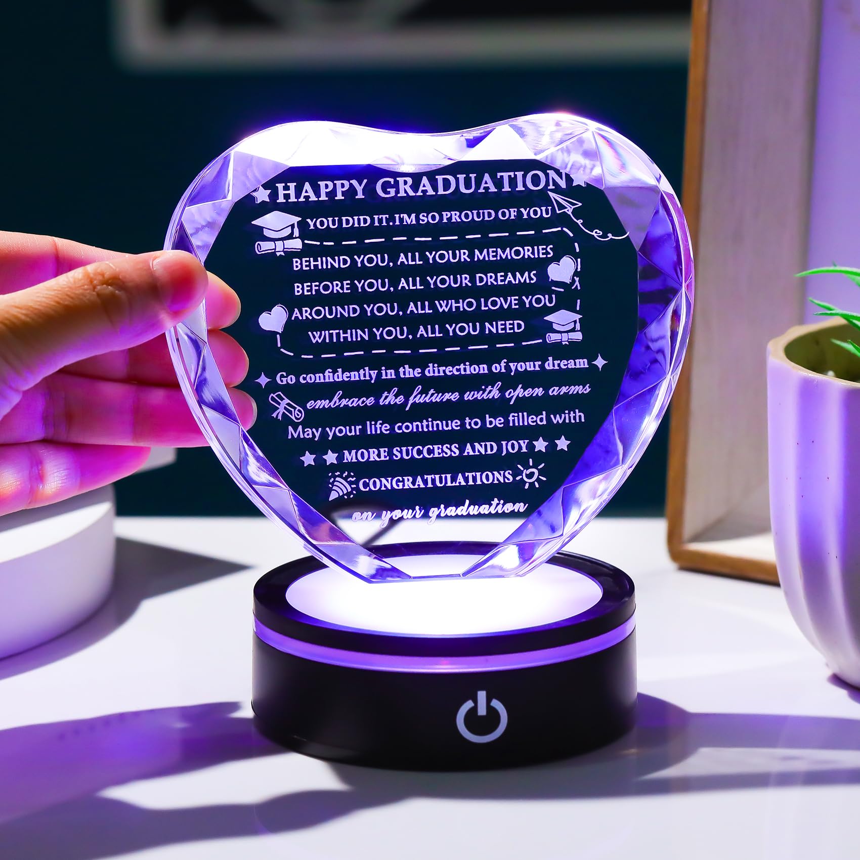YWHL Geschenk zum Schulabschluss für Sie und Ihn 2024, Glückwunschgeschenk für Damen und Herren, Kristall-Abschluss-Plakette mit bunter LED-Basis, Master-Abschluss-Geschenk