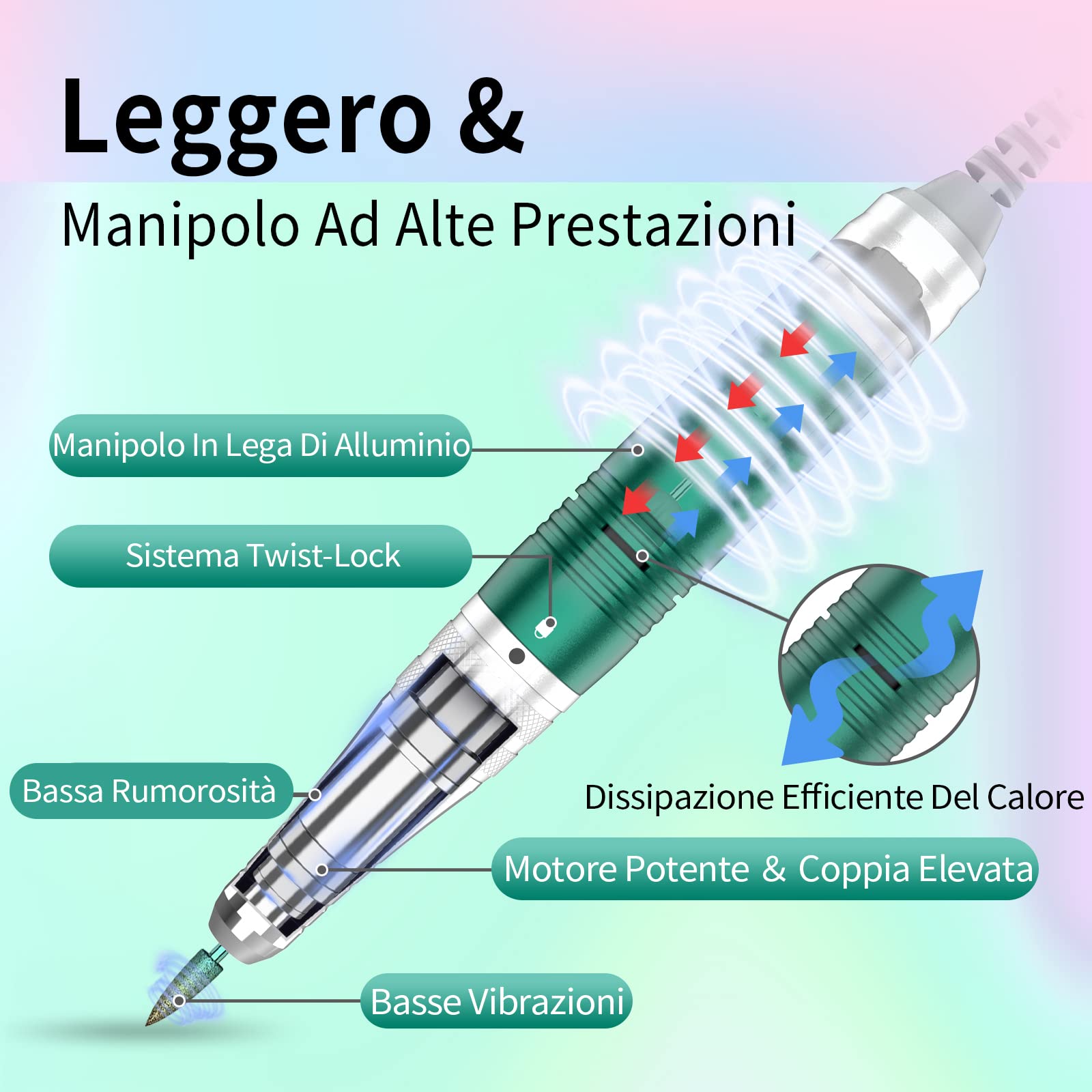 Kredioo Fresa per Unghie Professionale 35000RPM, Lima Elettrica per Manicure e Pedicure, Rimozione Gel/Smalto, Trapano Elettrico, Kit 6 Punte Fresa Unghie, LED, Pulsante Pausa, Verde