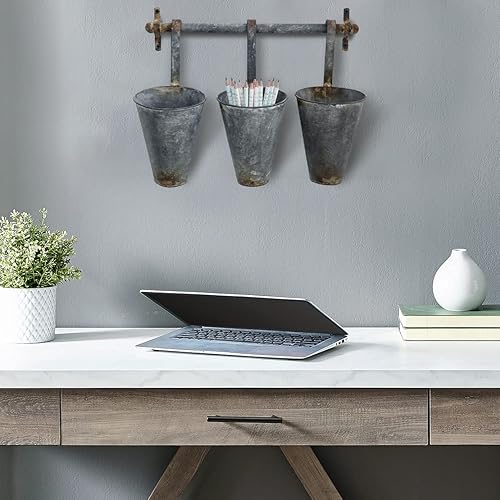 Miniatura 3 de Creative Co-Op Estante de pared de metal antiguo con 3 macetas colgantes de hojalata