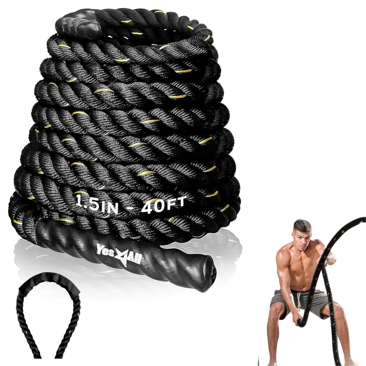 yes4all 1.5/2 inch battle ropes with extra protective sleeve, workout ropes for cross-training home gym & fitness exercises, strength training - 30,40,50 feet lengths available