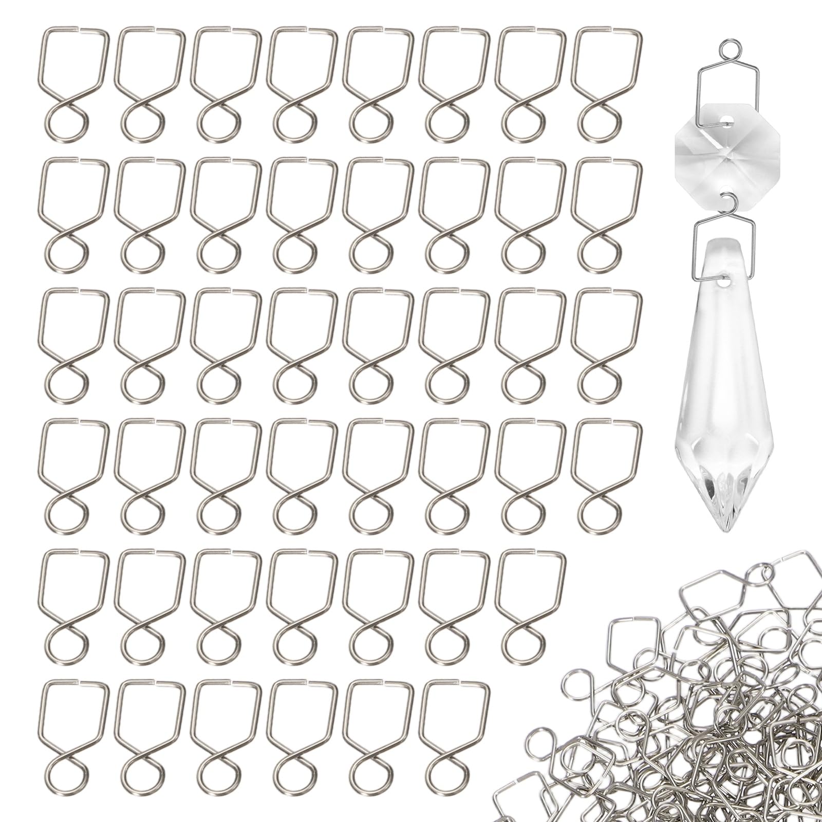 M METERXITY 300 Pack Closed Snap Chandelier Crystal Hooks, 0.55 x 0.31 Inch Connector Clips Pins for Fasten Connecting Crystal, Suncatcher, Chandelier, Ceiling Light Parts [Stainless Steel]