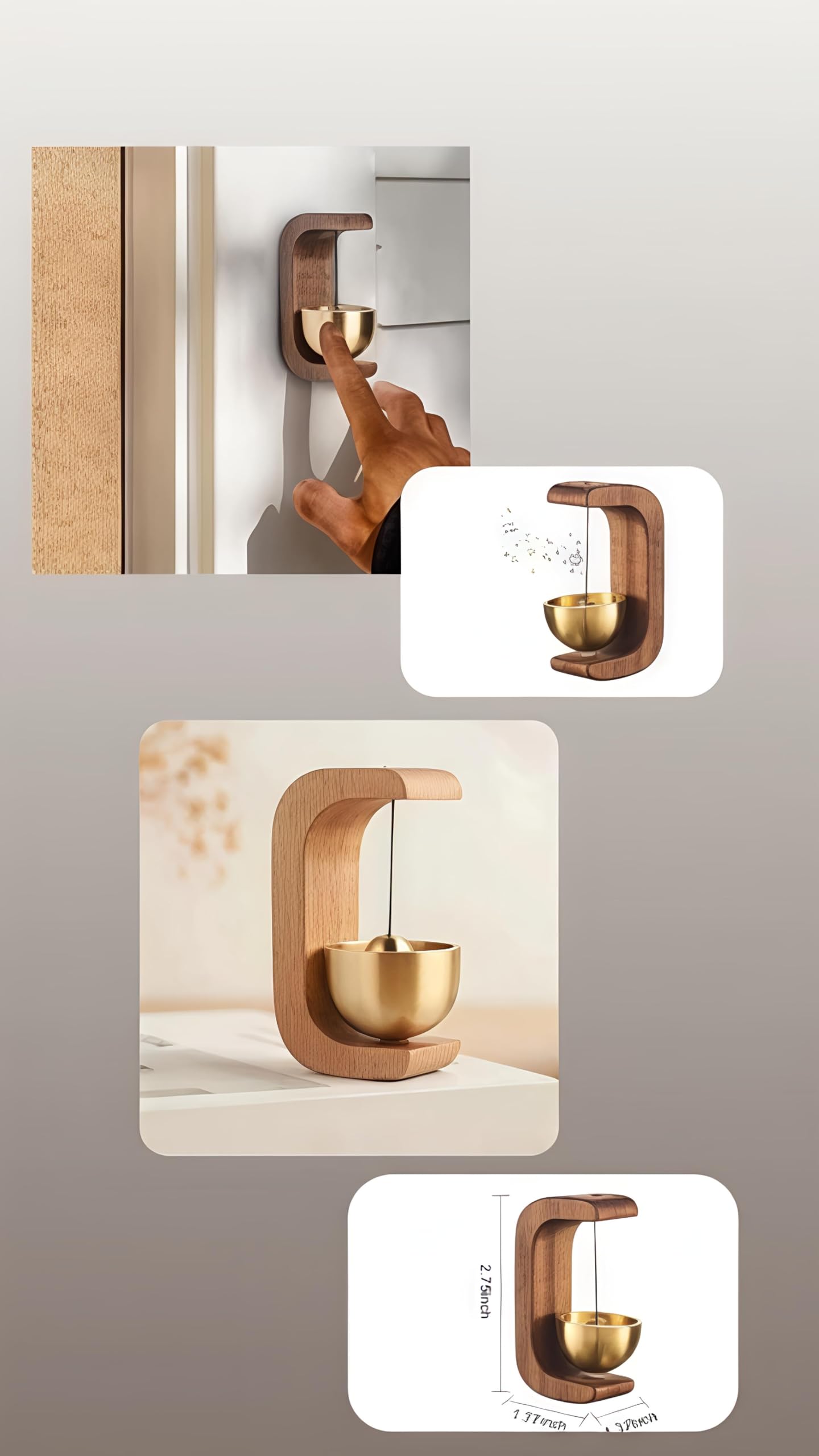Wooden Door Bell with Gold Tone Metal Bowl, Wall Mounted Decorative Door Chime, Hanging Entrance Bell for Home, Office, Temple, Meditation and Decorative Display 1