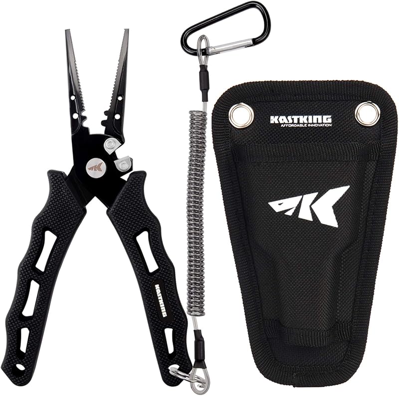 Alicates de pesca KastKing Cutthroat de 7 pulgadas, pesca en hielo, regalo para hombres | Herramientas de pesca de acero inoxidable 420, equipo de pesca resistente al agua salada, cortadores de carburo de tungsteno, funda, cordón y mosquetón