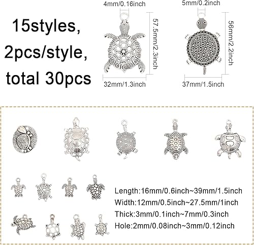 Miniatura 2 de CHGCRAFT 30 dijes de aleación con forma de tortuga de estilo tibetano de 15 estilos para hacer joyas y accesorios de pulsera, plata antigua