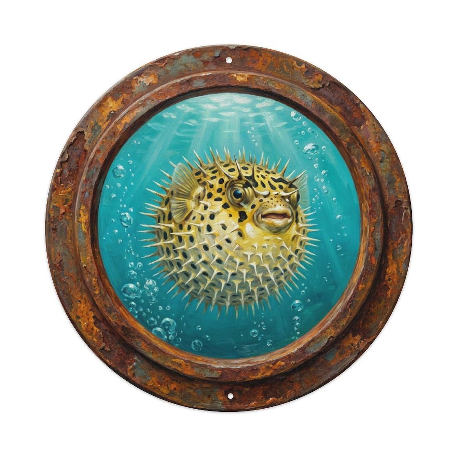 Vintage Porthole Pufferfish Inflate Ship Window Undersea Deep Metal Tin Sign