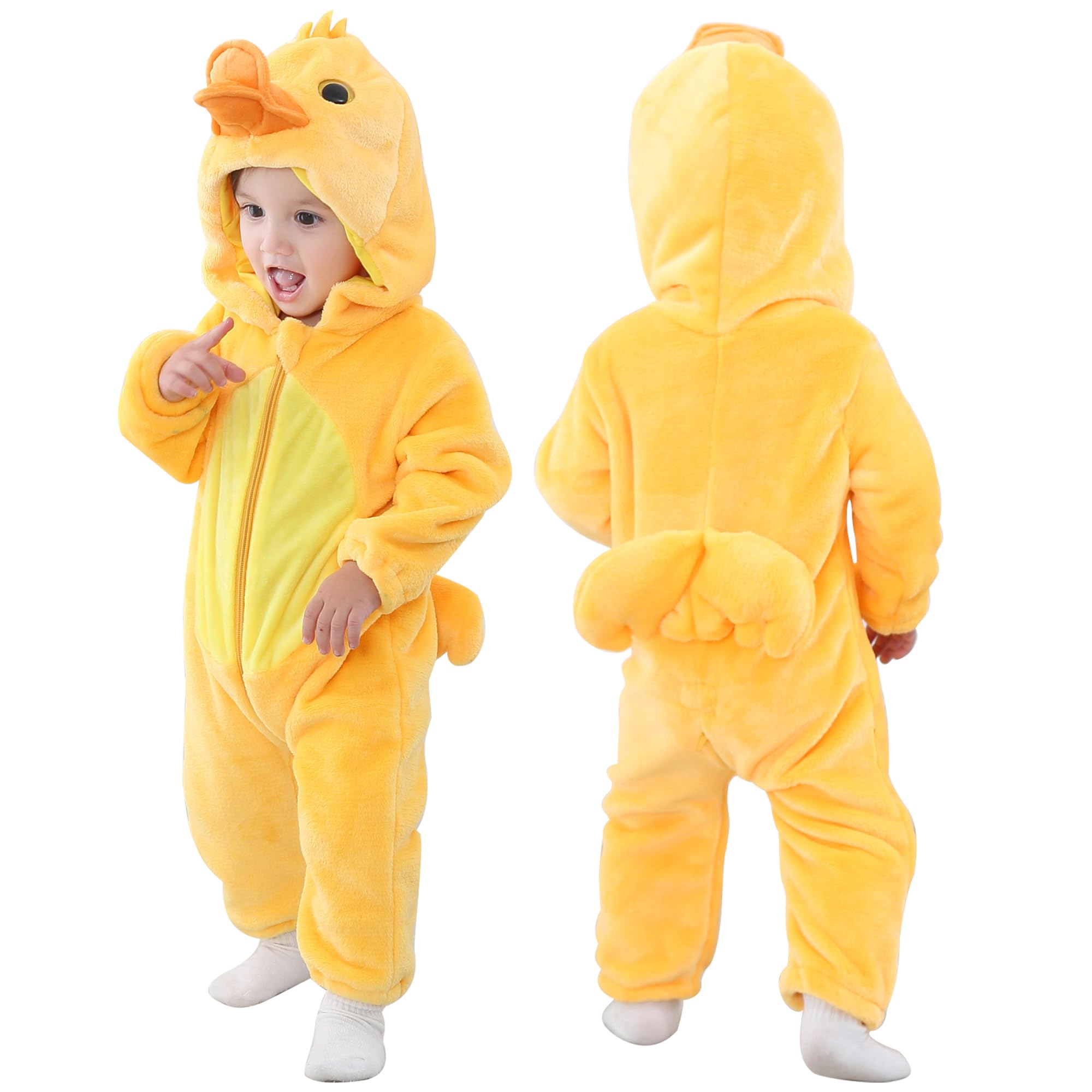 COOKY.D Infant Hooded Baby Rompers Animal Jumpsuit Soft Flannel Winter Cosplay Costume for Baby Girls Boys, 12-18 Months, Duck