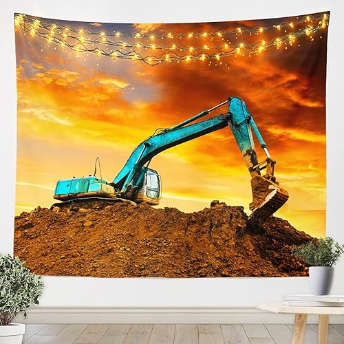 Feelyou Cartoon Construction Excavator Tapestry for Boys Vehicles Truck Car Print Children Wall Hanging Machinery Bulldozer Crane Style Wall Blanket
