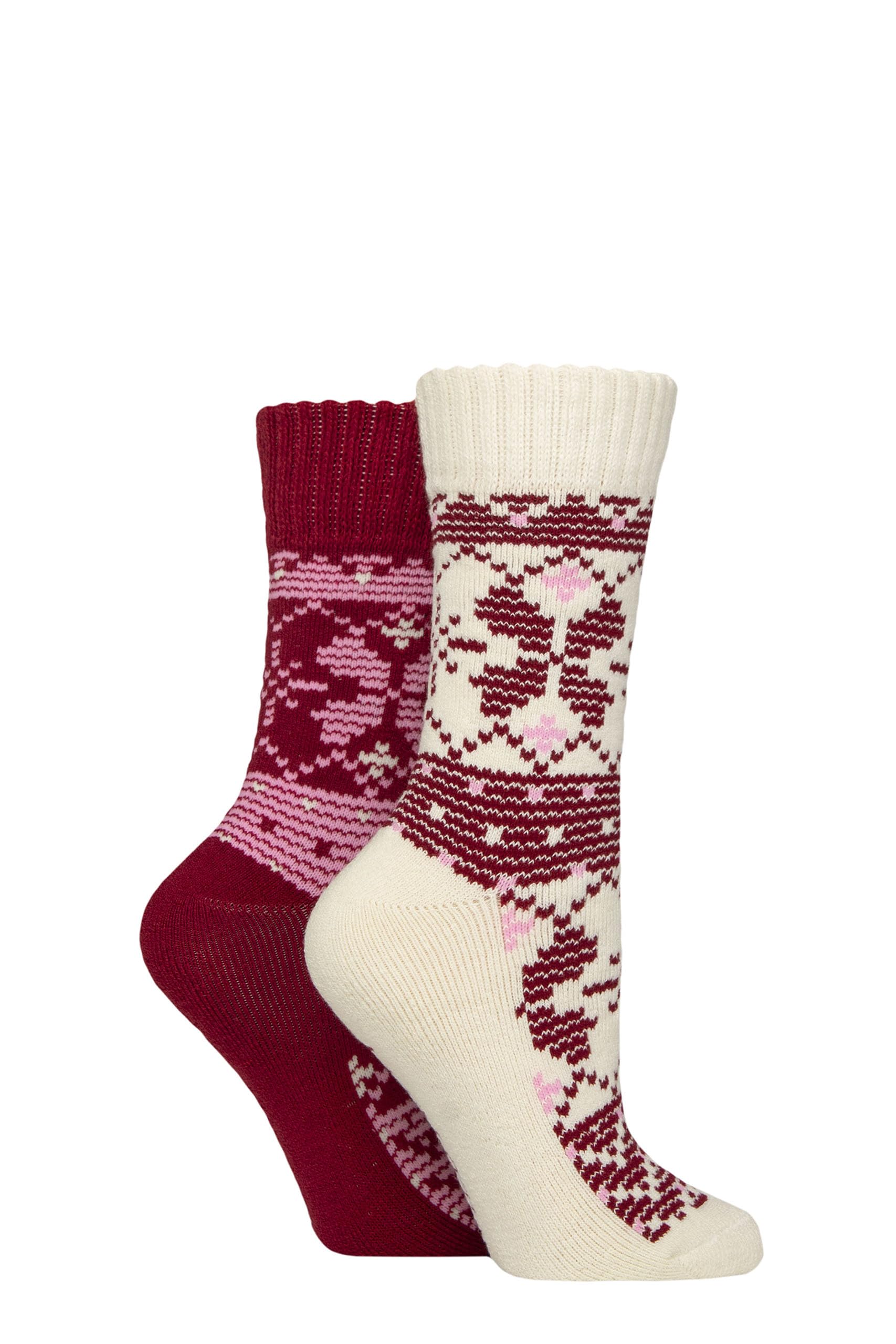 Sockshop Women's Snow / Pink Wildfeet Thermal Socks - Crew Length, Plain, Patterned, Striped, Warm, Cosy, Outdoor, 2 Pair Multipack Size 4-8 (Uk, Numeric, 4, 8, Regular, Regular, Snow/Pink)